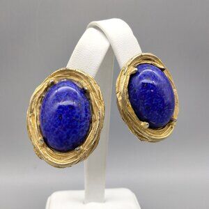 CottageCore Faux Lapis Lazuli Gold Tone Birds Nest Clip On Earrings VTG Granny